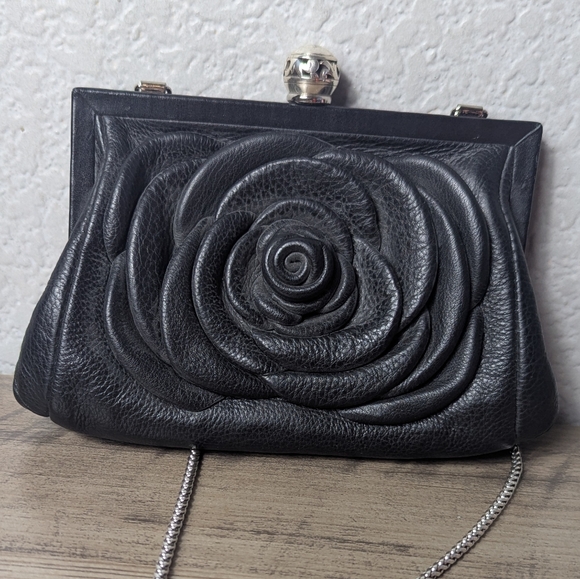 BRIGHTON My Michelle Mini Rose Pouch Clutch Black Leather Shoulder Bag